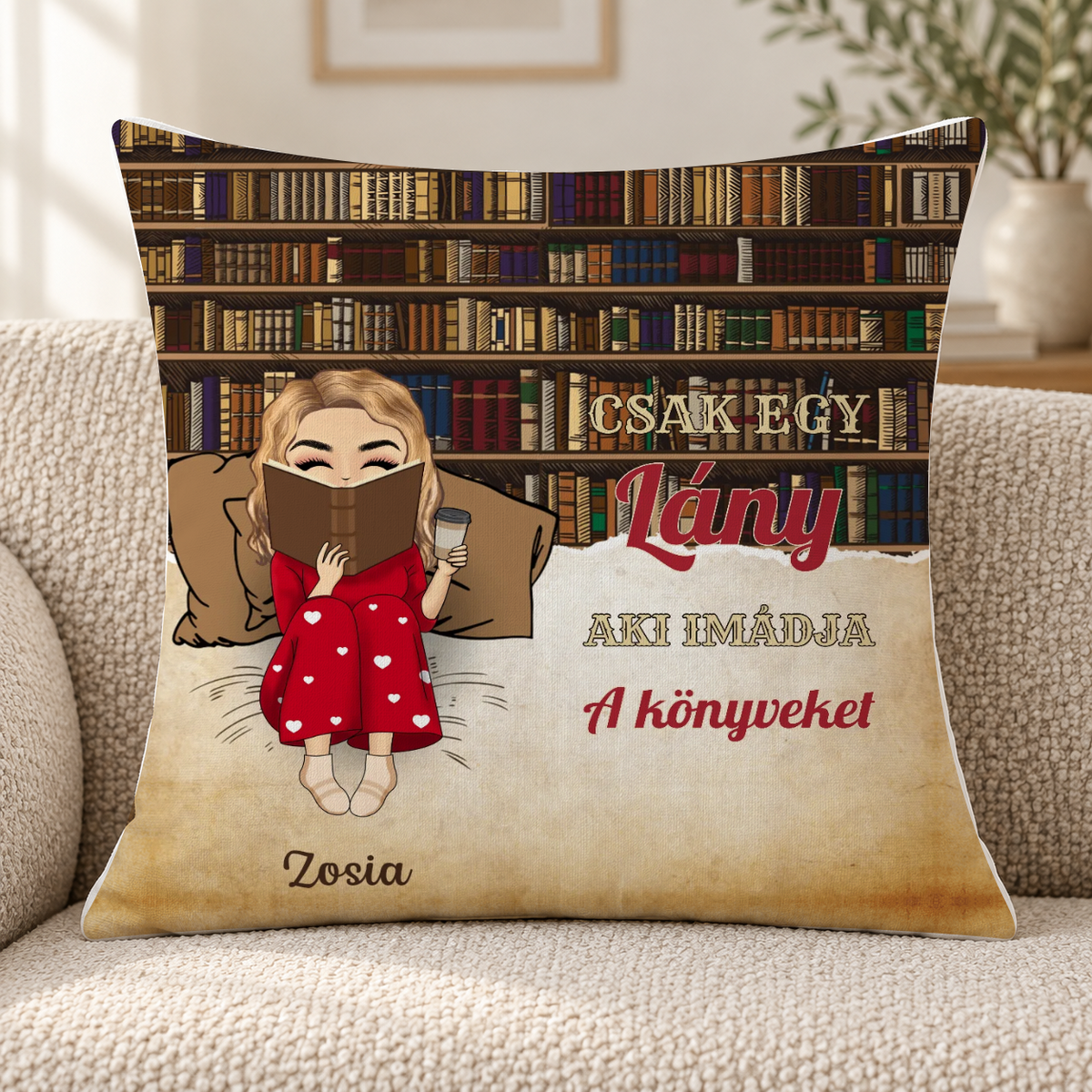 Poduszka personalizowana - Dziewczyna/Chłopak, która(y) lubi książki #02911 — mockup cmub8l74f0h8ing1w3aeol1u1